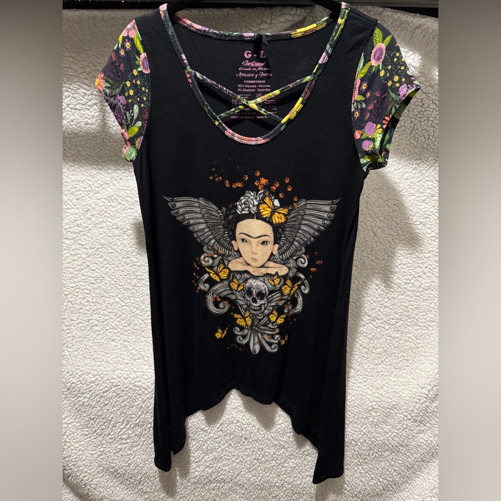 Black Top with Artistic Graphic and Floral Sleeves